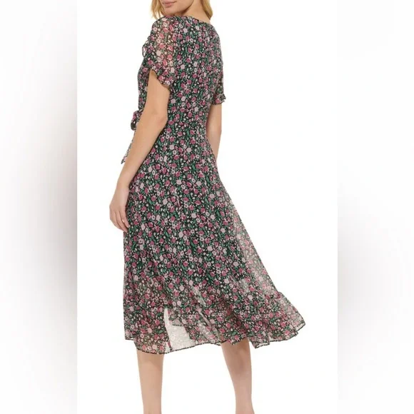 Karl Lagerfeld Paris Floral Short Sleeve Chiffon Faux Wrap Dress - Picture 3 of 8